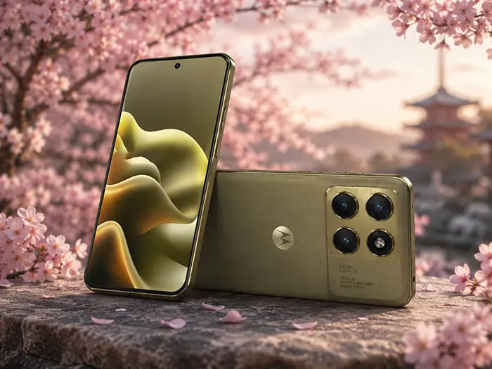 Motorola Edge (2026) з плоским дисплеєм і тканинною задньою панеллю на фоні рожевої сакури, крупним планом блоку камер з підтримкою Super Zoom та OIS.